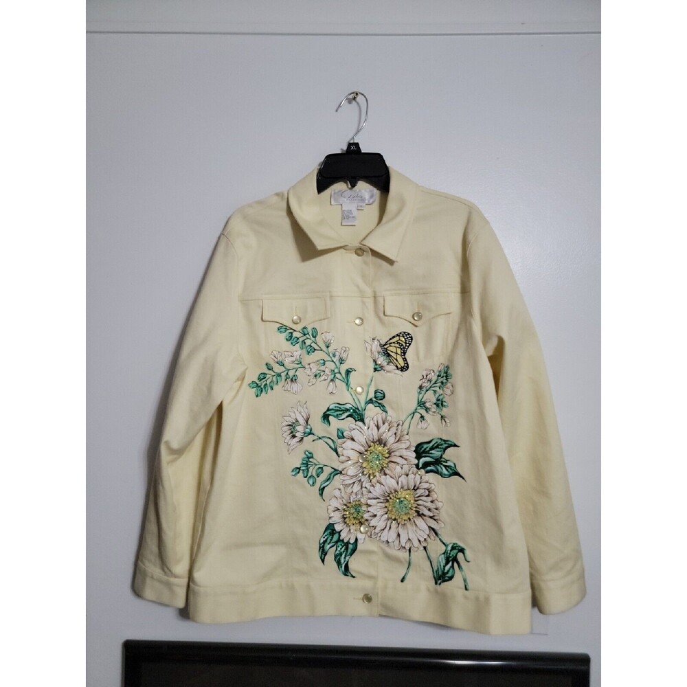 Boutique Diane's essentials LARGE Yellow Denim Jean Butterfly Floral Jacket